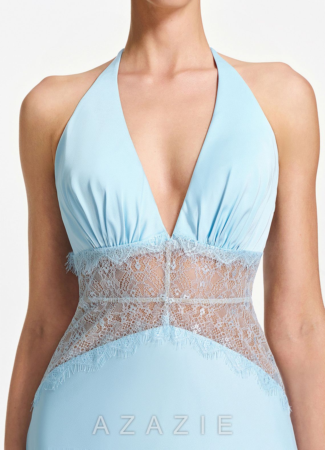 Dorotheiana Sky Blue Lace Satin Open Back A-line Mini Dress