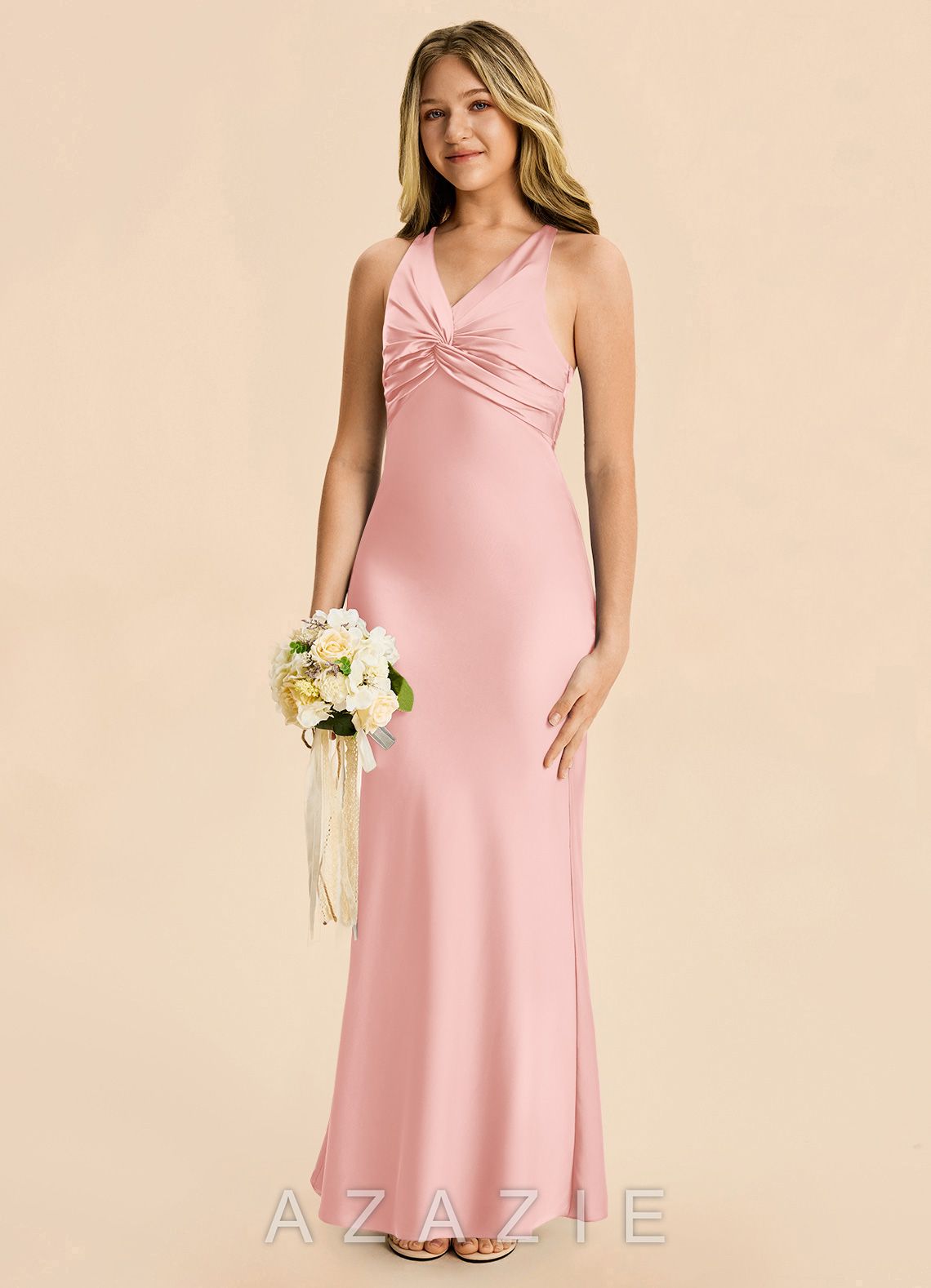 Azazie Hati Junior Powder Pink Mermaid Stretch Satin Dress powder_pink