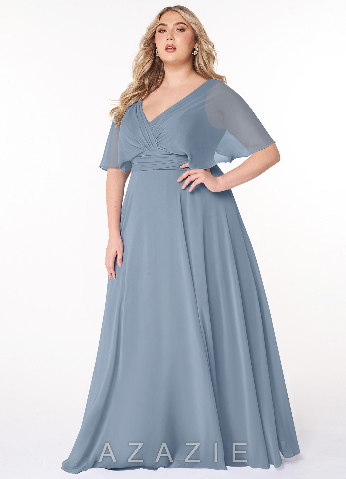 Azazie Pamela Dusty Blue A-Line V-Neck Pleated Chiffon Dress dusty_blue