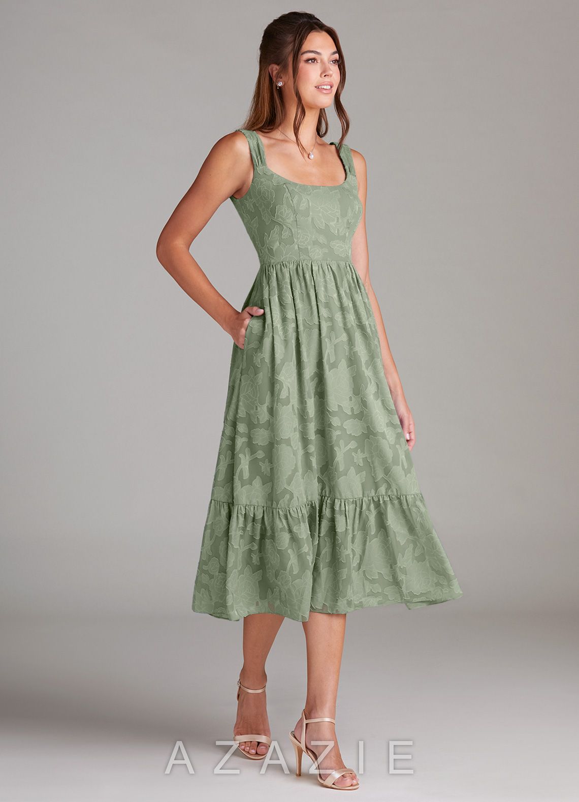 Azazie Alissa Agave A-Line with Pockets Floral Burnout Dress agave