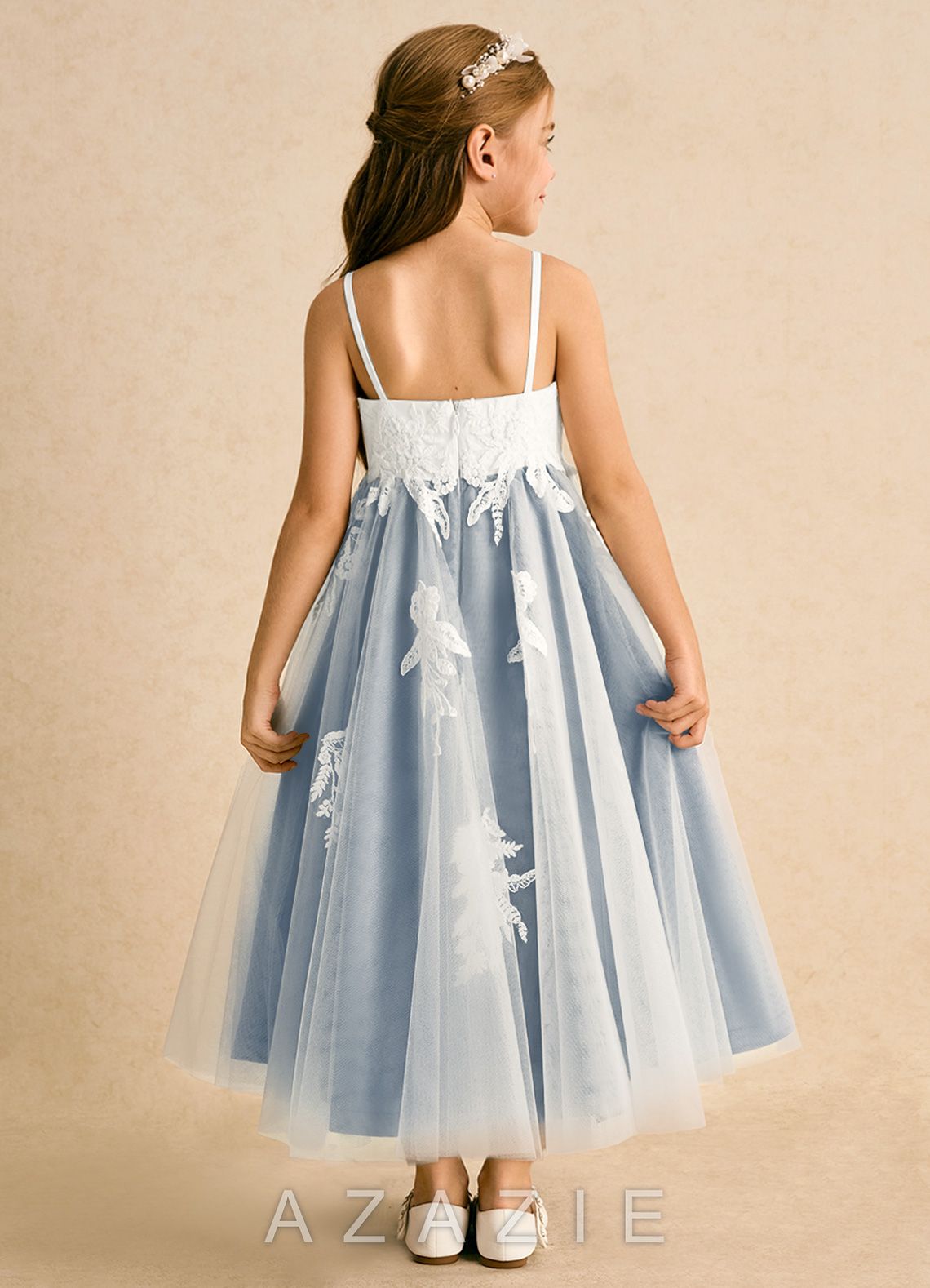 Azazie Coraline Ivory Dusty Blue A-Line Lace Dress ivory/dusty_blue