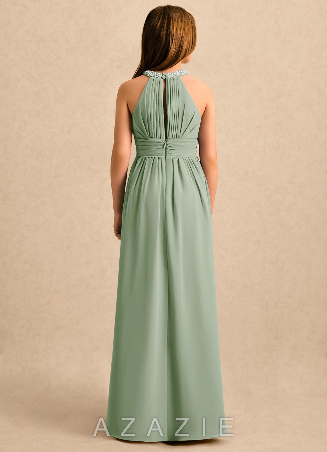 Azazie Aria Girls Formal Dusty Sage A-Line Pleated Chiffon Dress dusty_sage