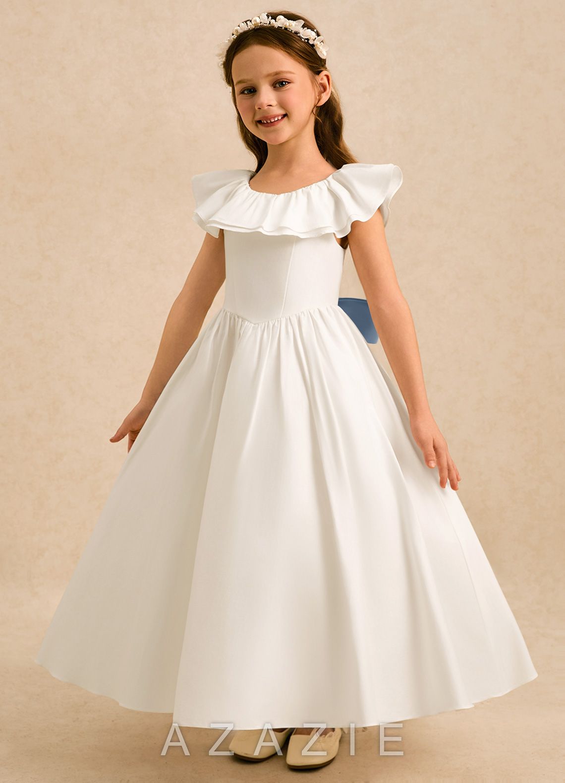 Azazie Clara Ivory Dusty Blue A-Line Bow Cotton Dress ivory/dusty_blue