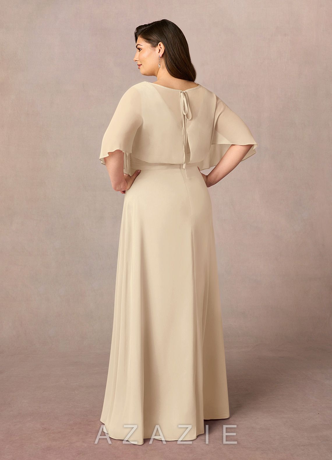 Azazie Oksana Champagne A-Line V-Neck Pleated Chiffon Dress champagne