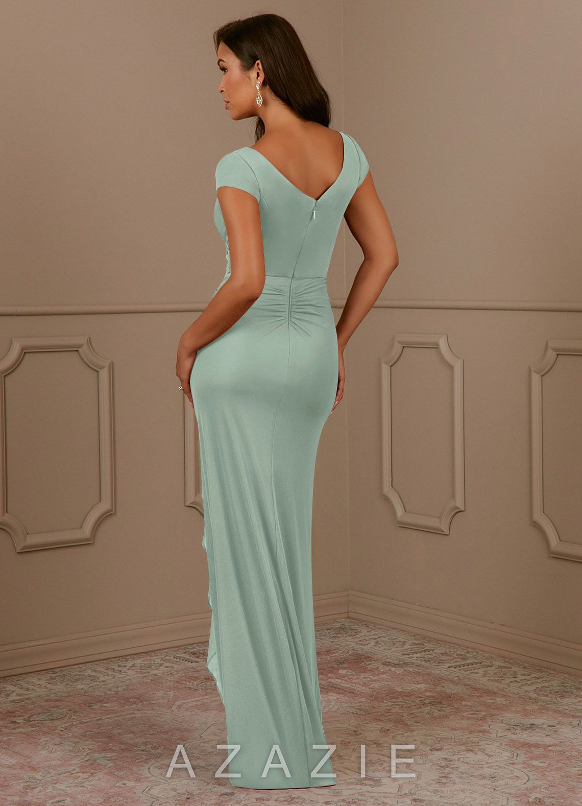 Azazie Roya Agave Mermaid V-Neck Pleated Mesh Dress agave