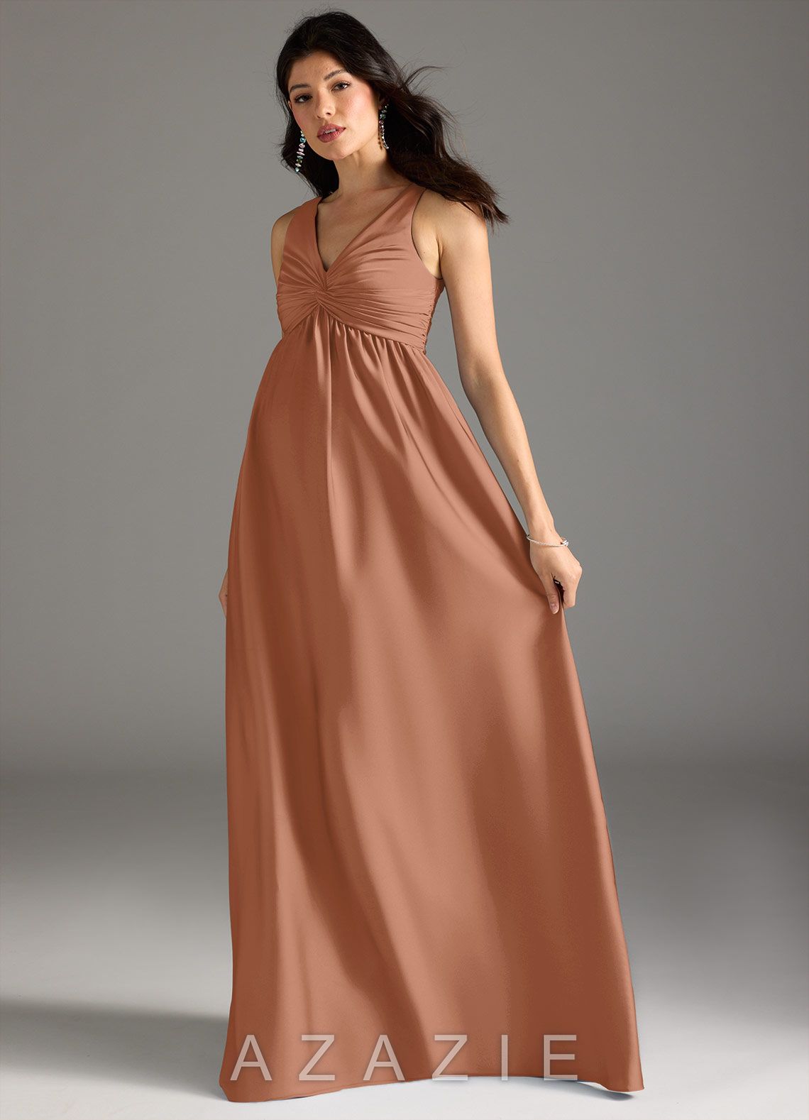 Azazie Yetta A-Line Pleated Stretch Satin Floor-Length Dress bronzer