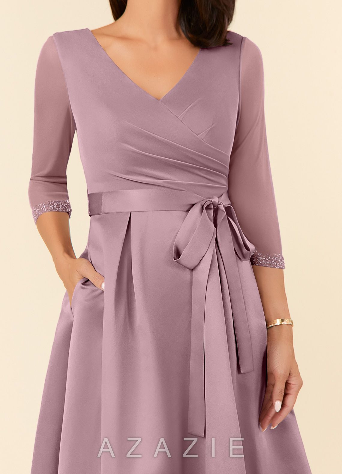 Azazie Maritza Dusty Rose A-Line Pleated Matte Satin Dress dusty_rose