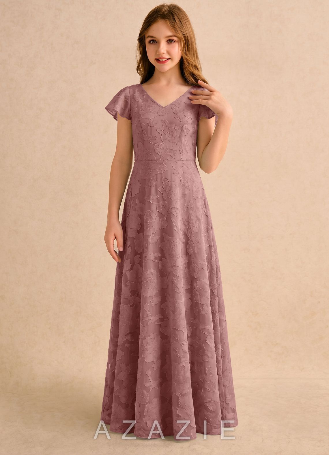 Azazie Narin Girls Formal Dusty Rose A-Line with Sleeves Floral Burnout Dress dusty_rose