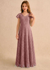 Azazie Narin Girls Formal Dusty Rose A-Line with Sleeves Floral Burnout Dress dusty_rose