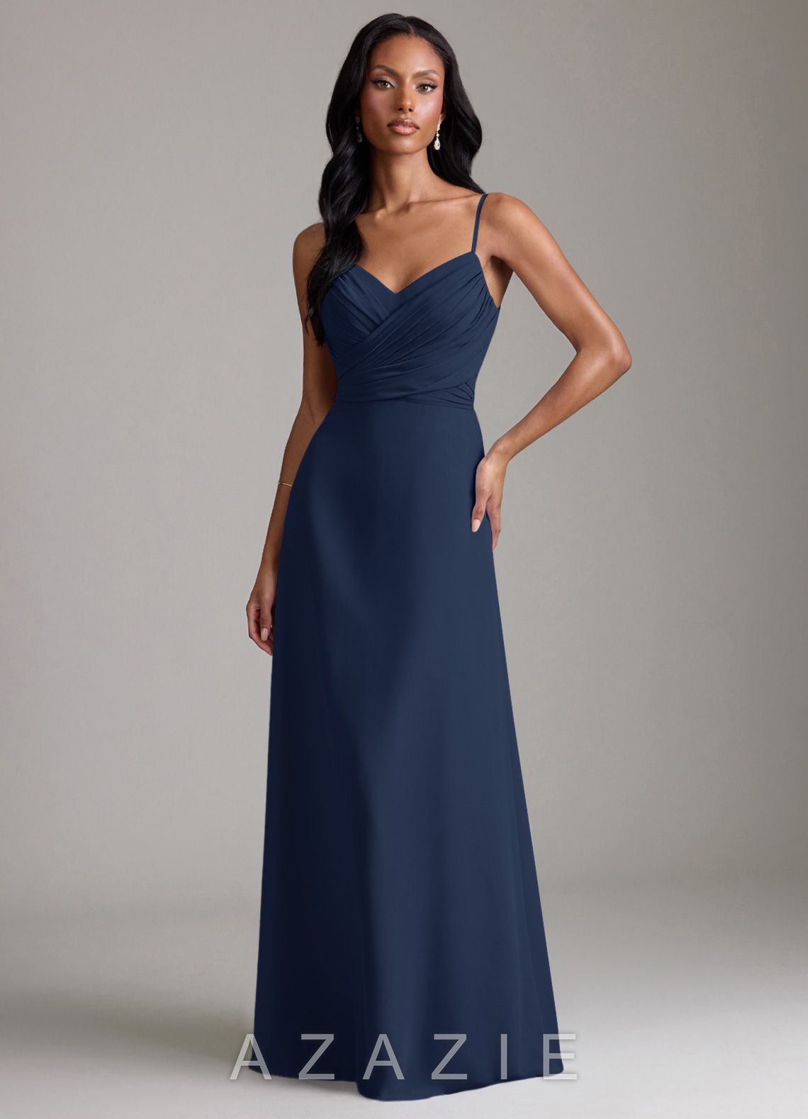 Azazie Kali Dark Navy A-Line Pleated Chiffon Dress