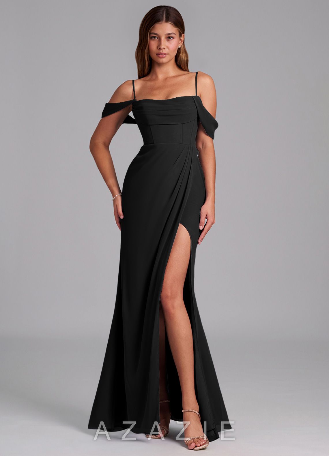 Azazie Johana Black Mermaid Off the Shoulder Chiffon Convertible Dress black