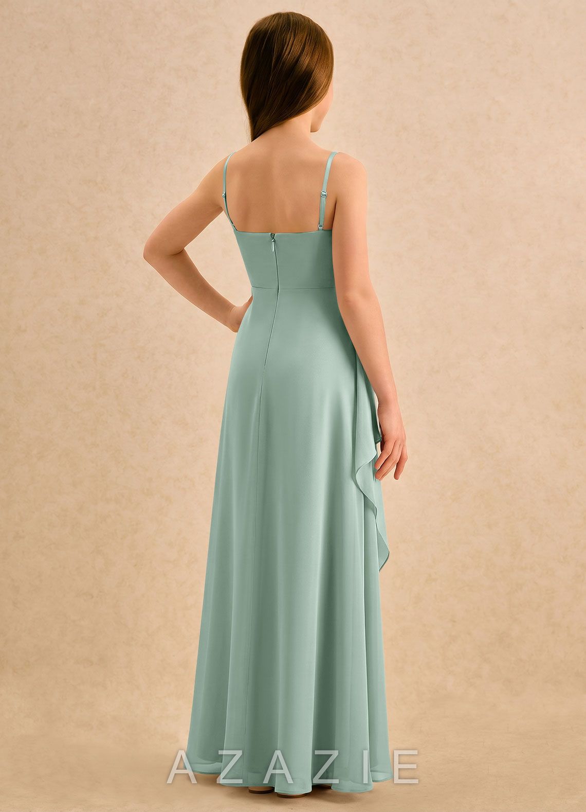 Azazie Cannoli Girls Formal Agave A-Line Pleated Chiffon Dress agave