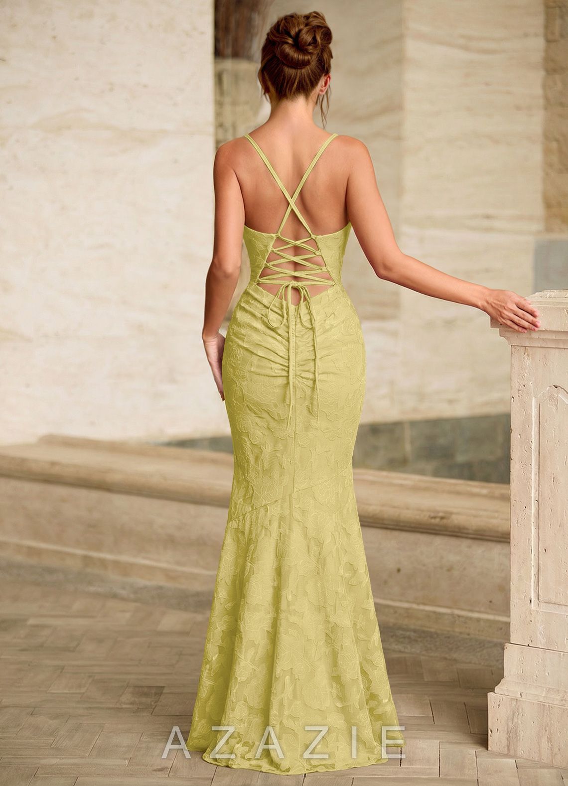 Leahenmo Pastel Yellow Floral Jacquard Prom Dress