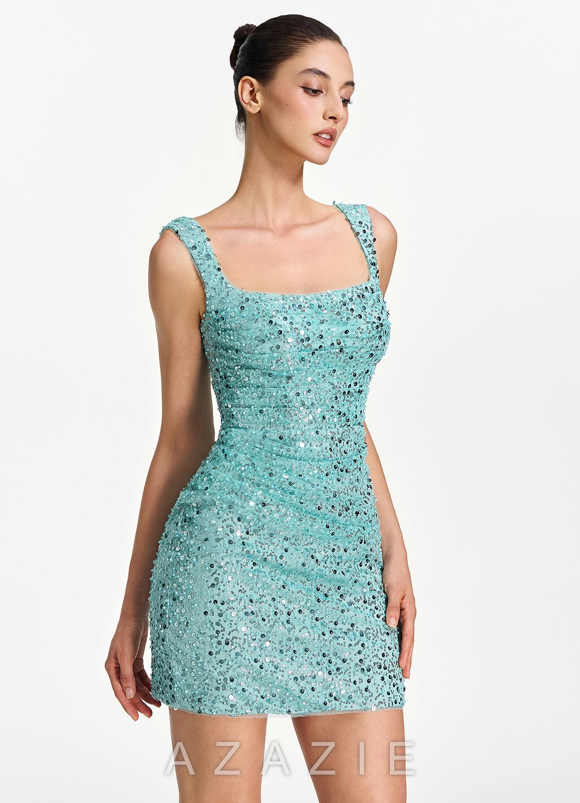 Sylvestrina Lake Blue Beading Sequin Embroidery Stretch Tulle Square-Neck Tank M
