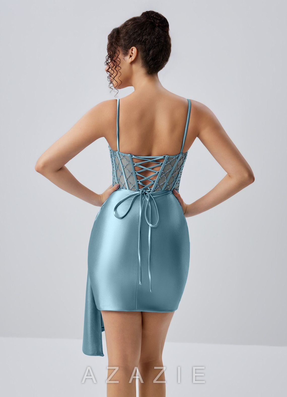 Evlineaange Dusty Blue Stretch Satin Corset Beading Rhinestones Mini Dress