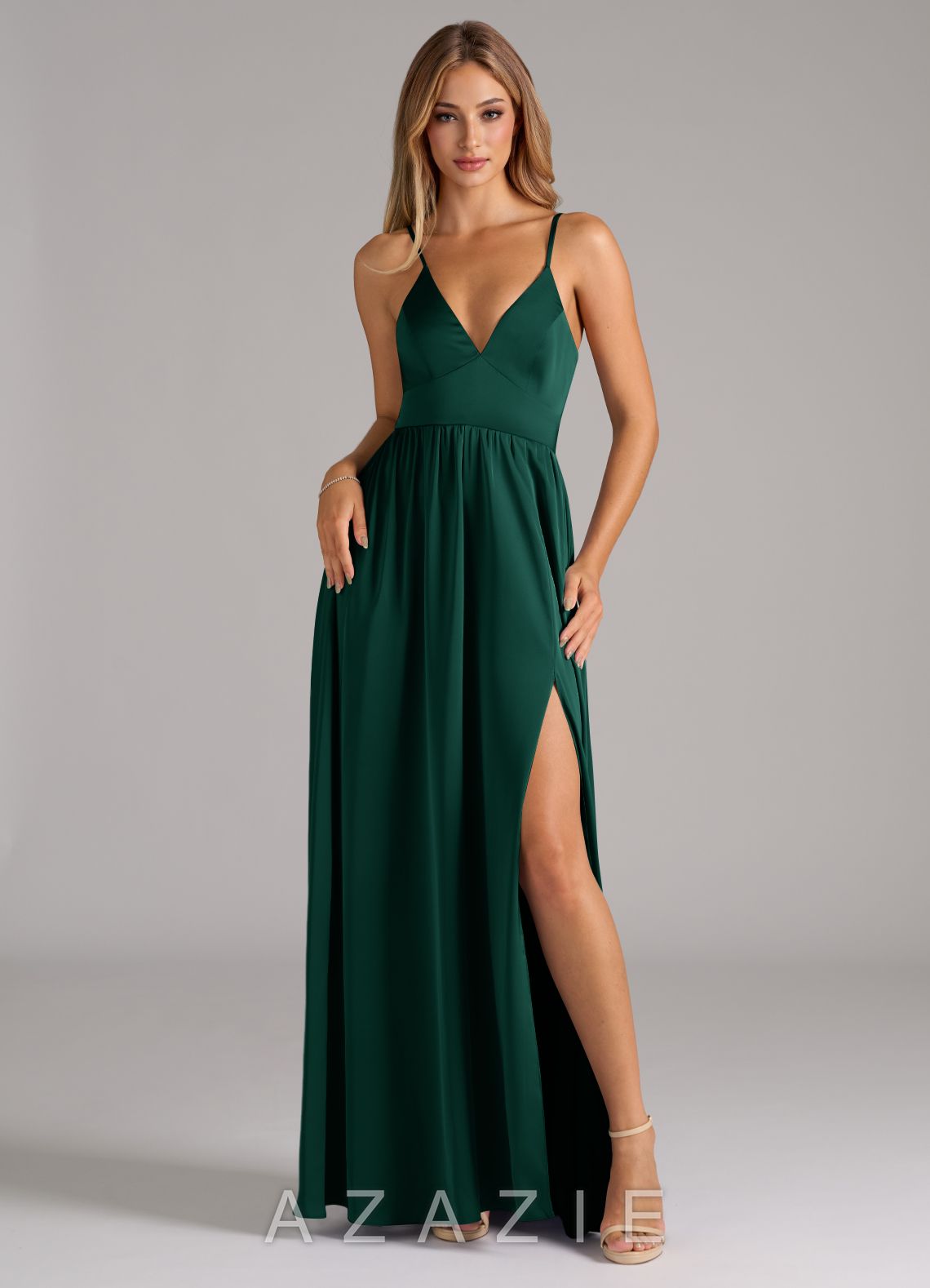 Azazie Aaida Emerald A-Line Corset Stretch Satin Dress