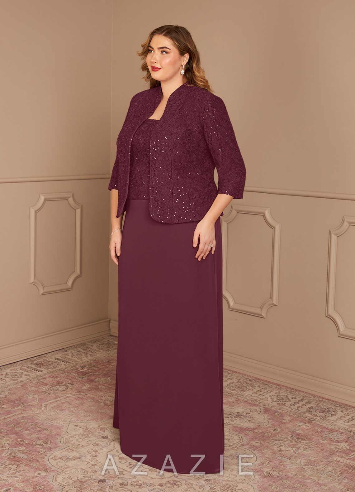 Azazie Cornelia Cabernet Sheath Square Neckline Sequins Chiffon Dress cabernet