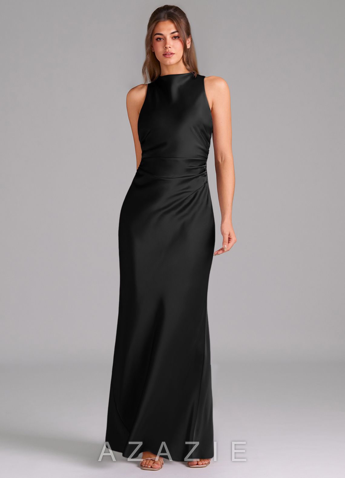 Azazie Evadne Black Sheath Pleated Stretch Satin Dress black