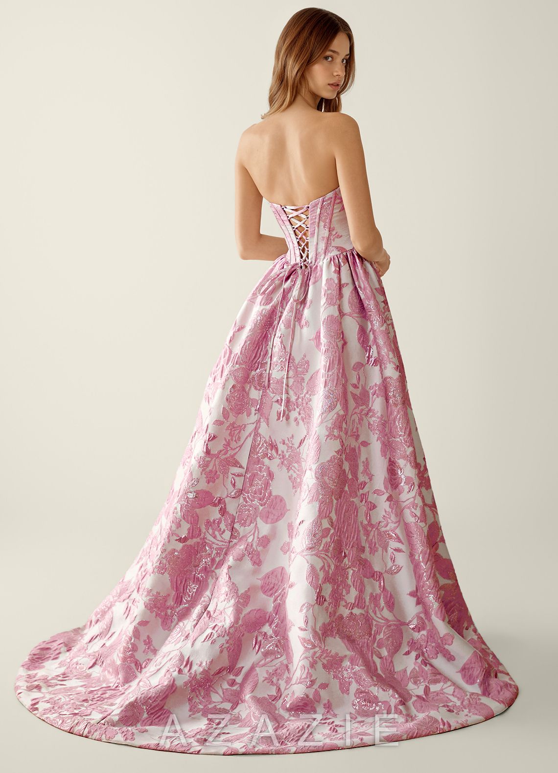 Allegra Pink Floral Jacquard A-line Prom Dress