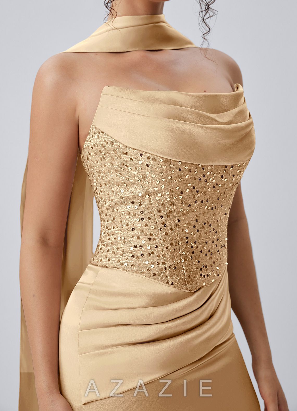Irene Champagne Satin Sequin Lace-Up Mini Dress