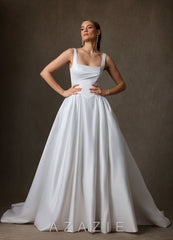 Azazie Celeste Diamond White Ball-Gown with Pockets Satin Dress