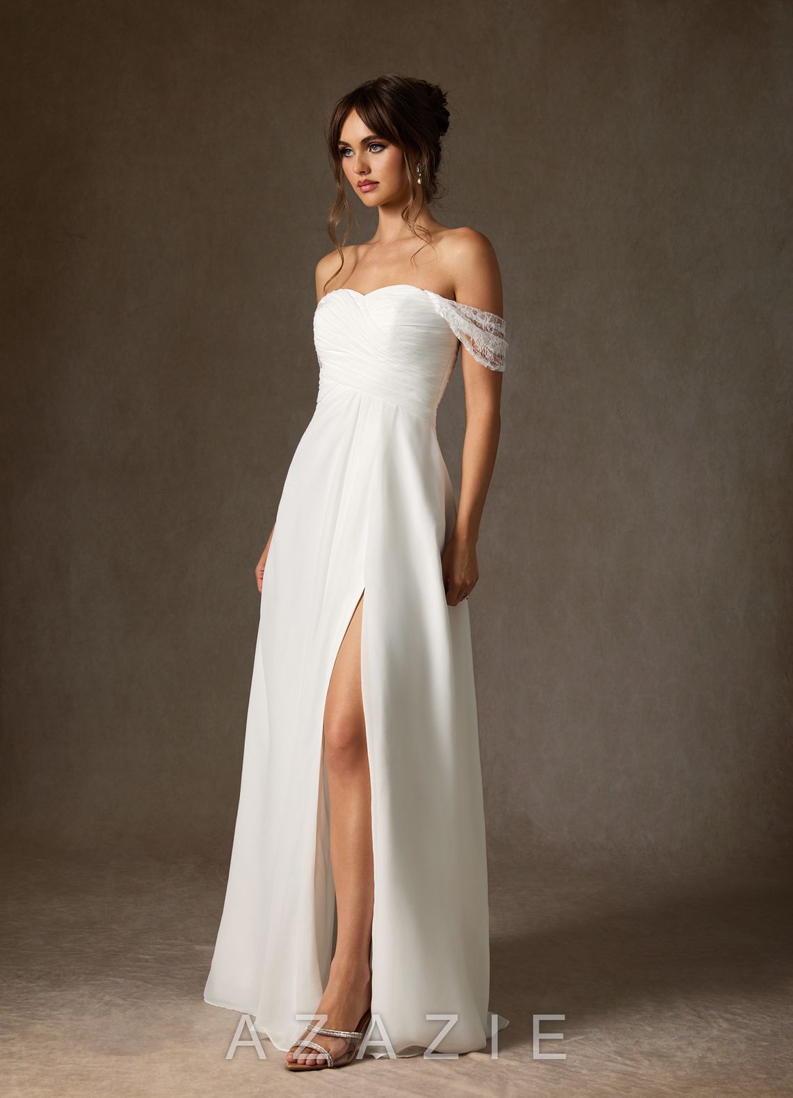 Azazie Zadie Wedding Dress Diamond White A-Line Off the Shoulder Chiffon Dress