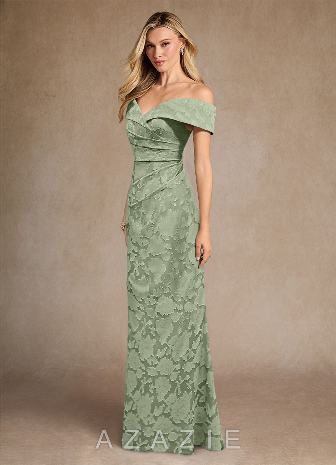 Azazie Canton Dusty Sage Mermaid Off the Shoulder Floral Burnout Dress dusty_sage