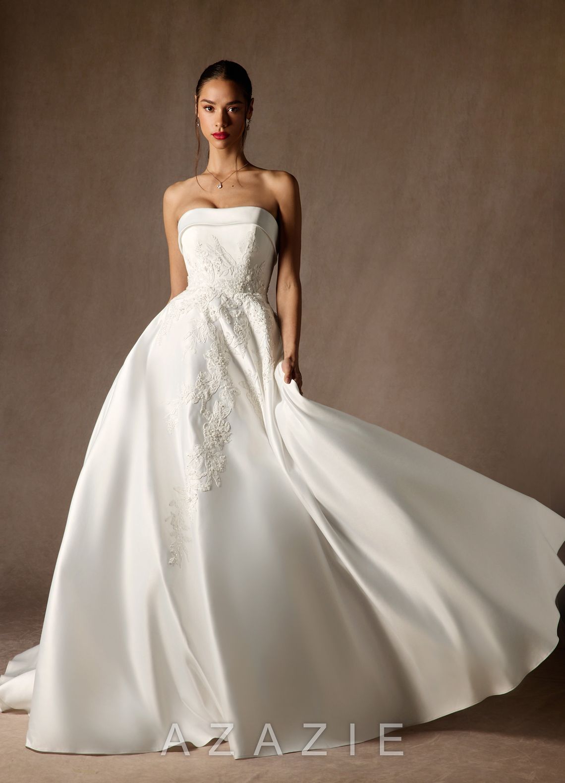 Azazie Fernanda Diamond White Ball-Gown Strapless Satin Dress