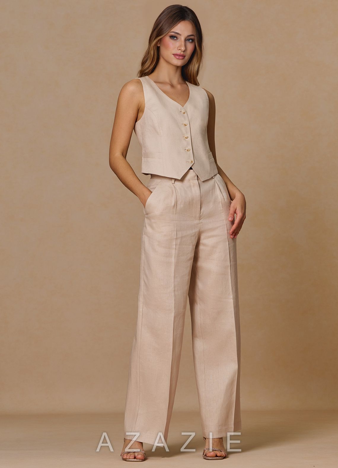 Belicia Tan 100% Linen 2-Piece Suit