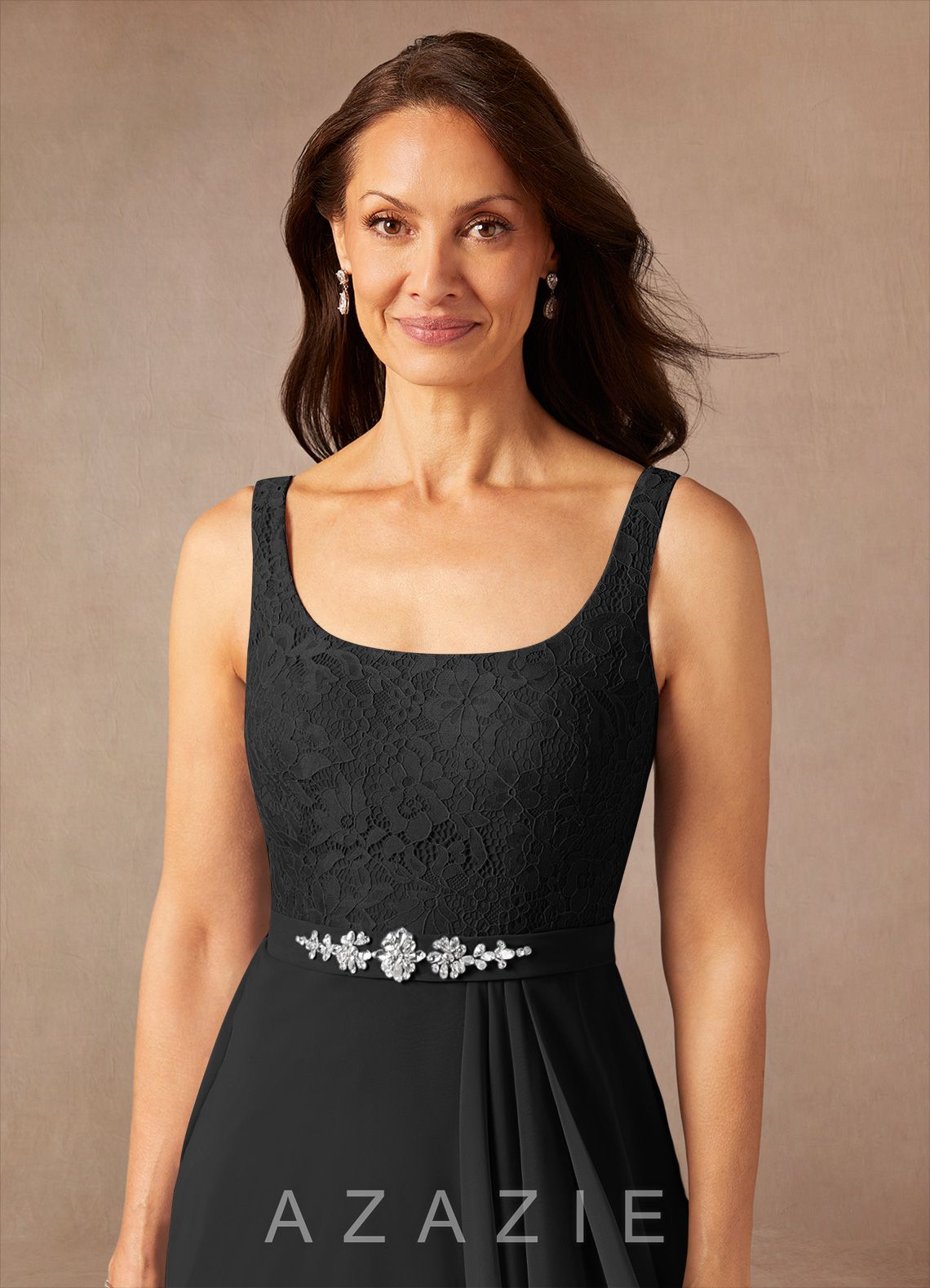 Azazie Ainsling Black A-Line Square Neckline Lace Chiffon Dress black