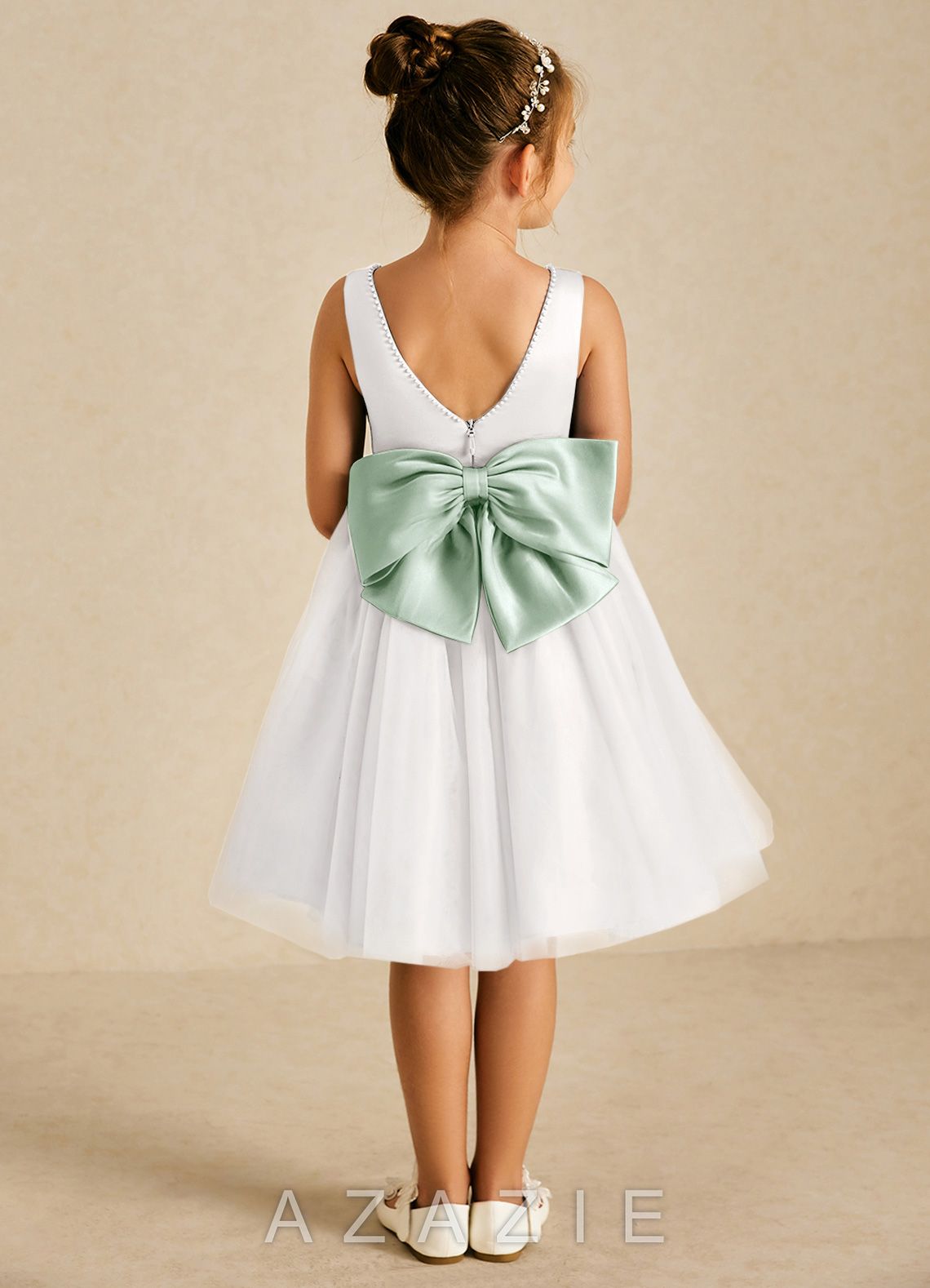 Azazie Seline Ivory Agave A-Line Bow Tulle Dress