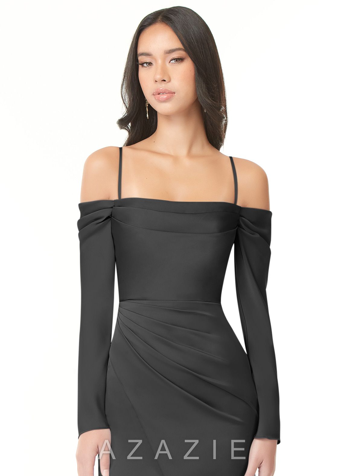 Azazie Hallie Black Mermaid Off-The-Shoulder Long Sleeve Stretch Satin Convertible Dress black