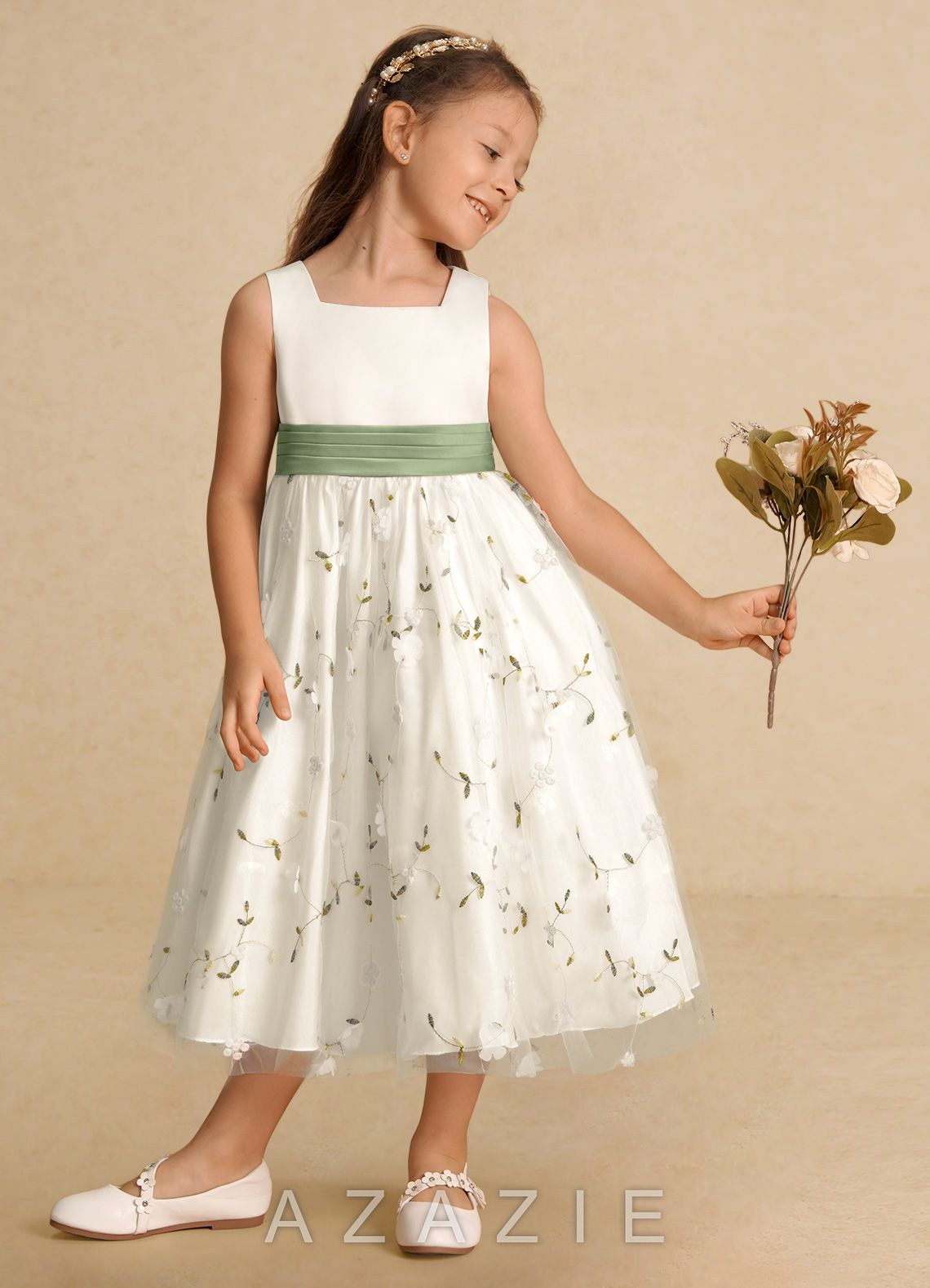Azazie Pollie Ivory Dusty Sage A-Line Bow Tulle Dress ivory/dusty_sage