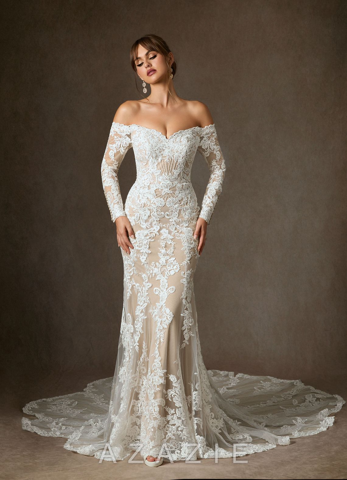 Azazie Empiria Wedding Dress Diamond White Champagne Mermaid Sequins Tulle Dress