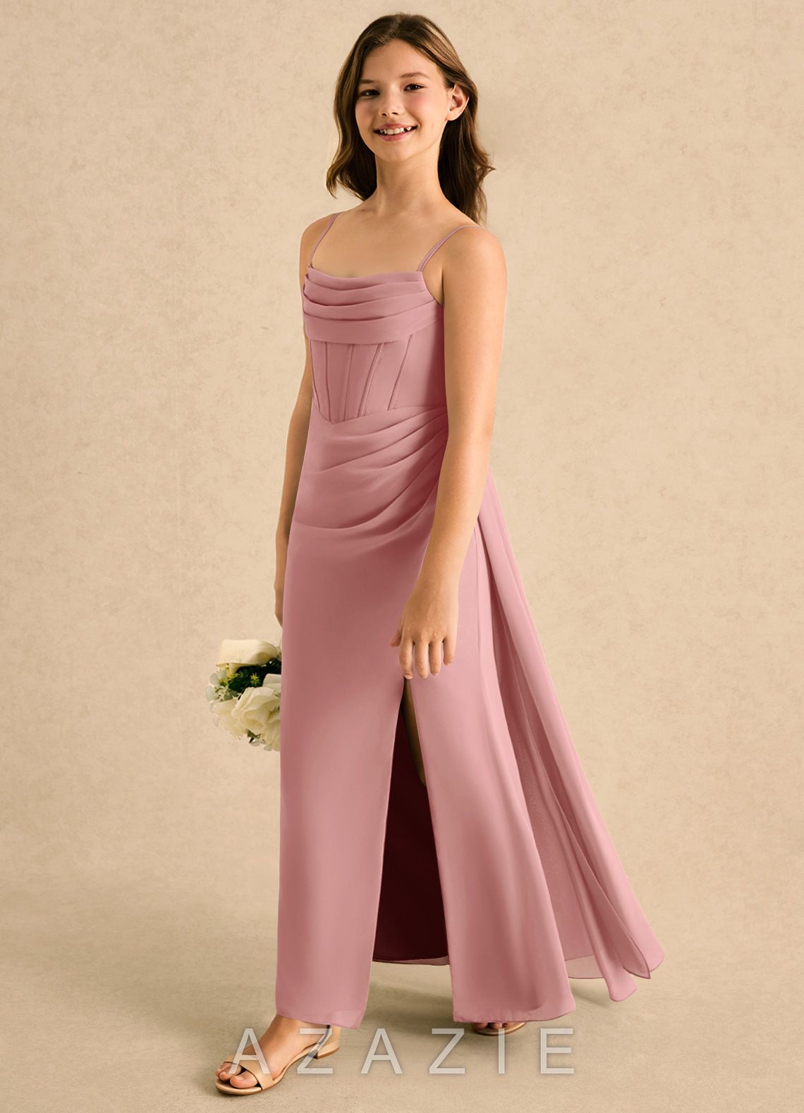 Azazie Moxie Girls Formal Dusty Rose A-Line Lace Chiffon Dress