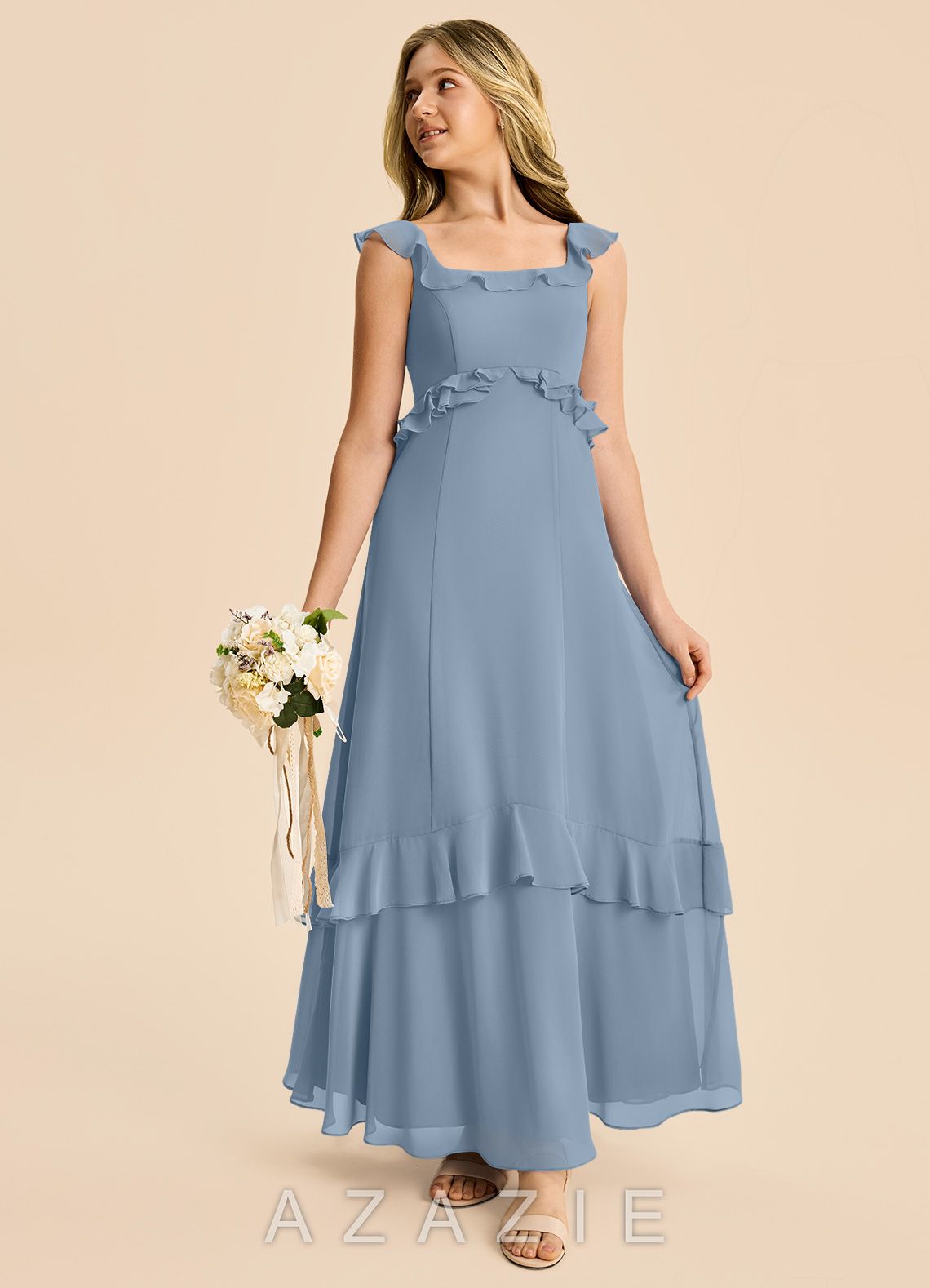 Azazie Mimi Junior Dusty Blue A-Line Ruched Chiffon Dress dusty_blue