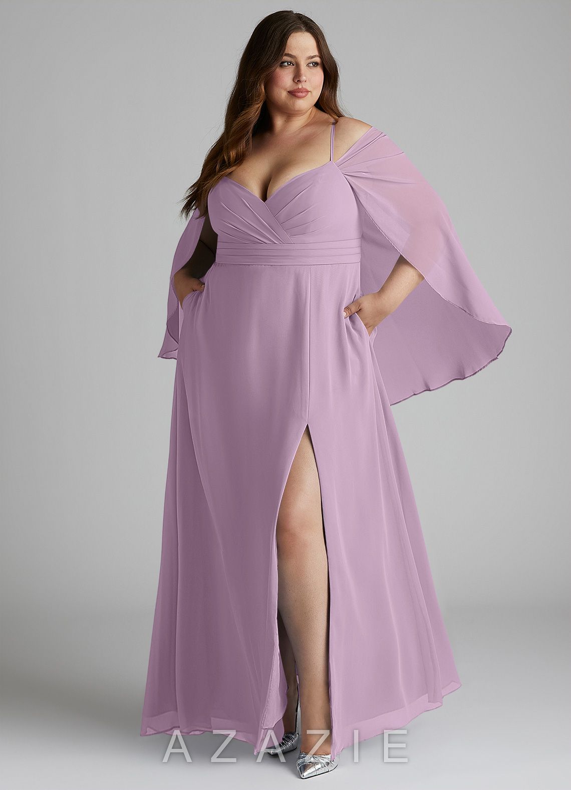 Azazie Cienna Wisteria A-Line Long Sleeve Chiffon Dress wisteria