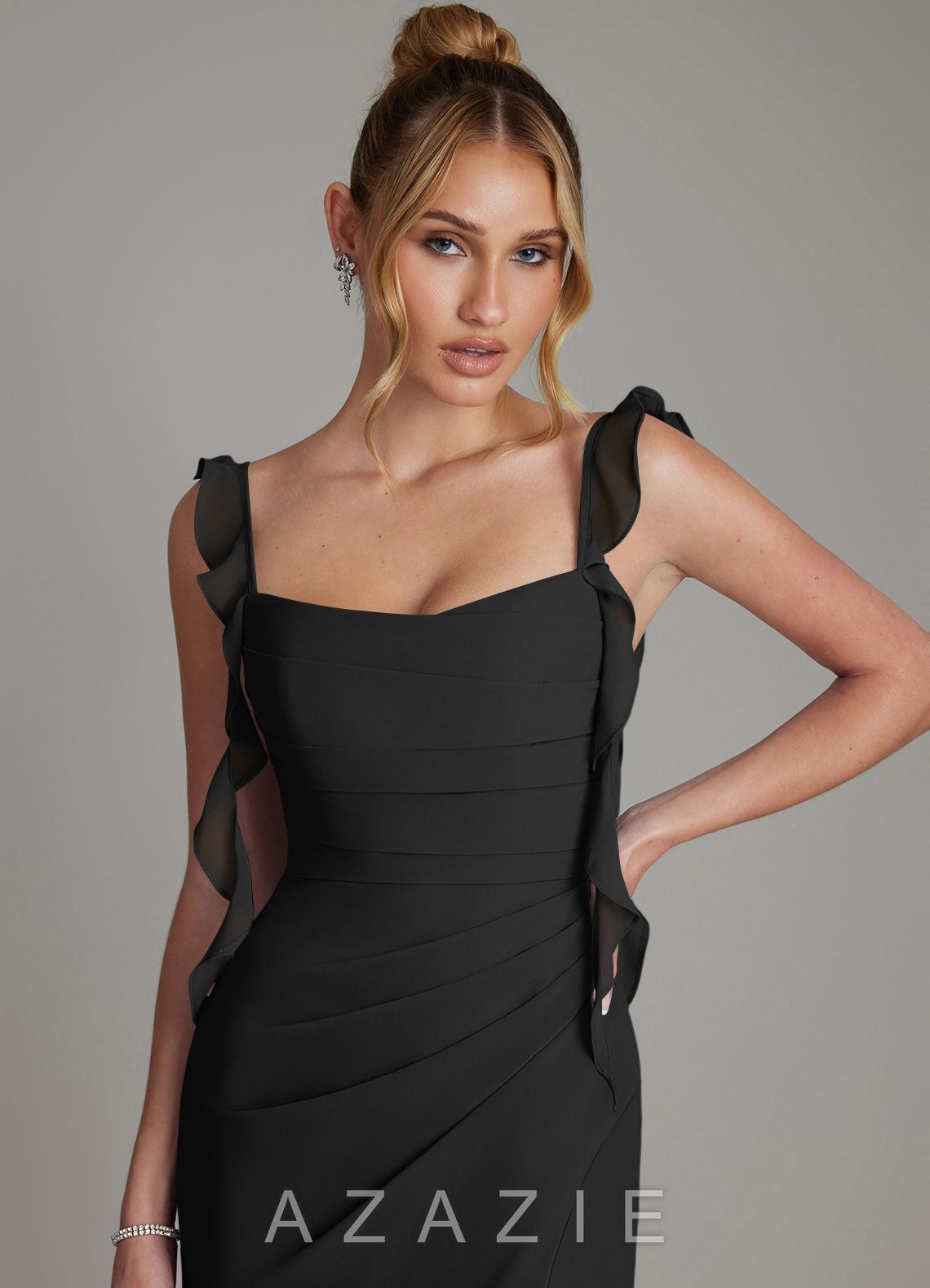 Azazie Jessamine Black Mermaid Corset Chiffon Dress black
