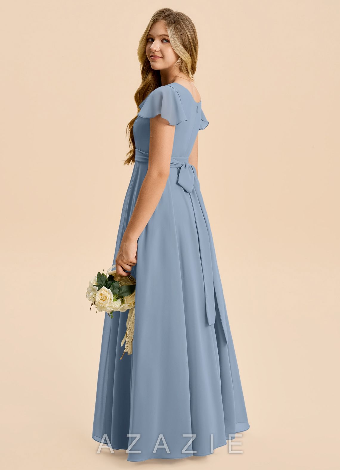 Azazie Cady Junior Dusty Blue A-Line Pleated Chiffon Dress dusty_blue