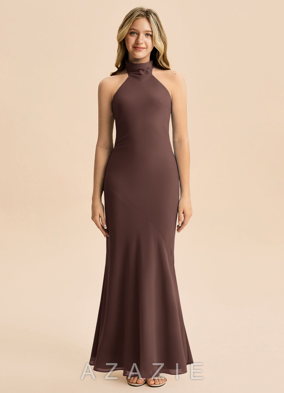 Azazie Velli Junior Ganache Mermaid High Neck Chiffon Dress ganache