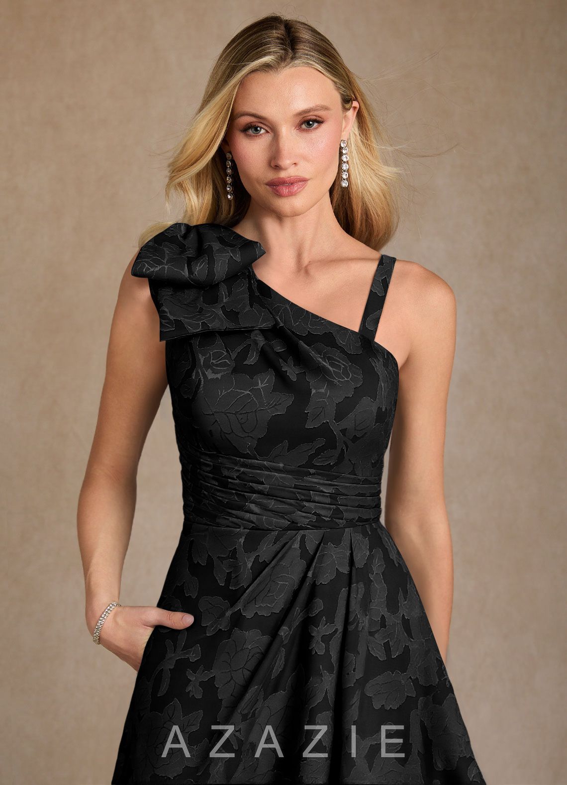 Azazie Easton Black Ball-Gown One Shoulder Floral Burnout Dress black