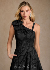 Azazie Easton Black Ball-Gown One Shoulder Floral Burnout Dress black
