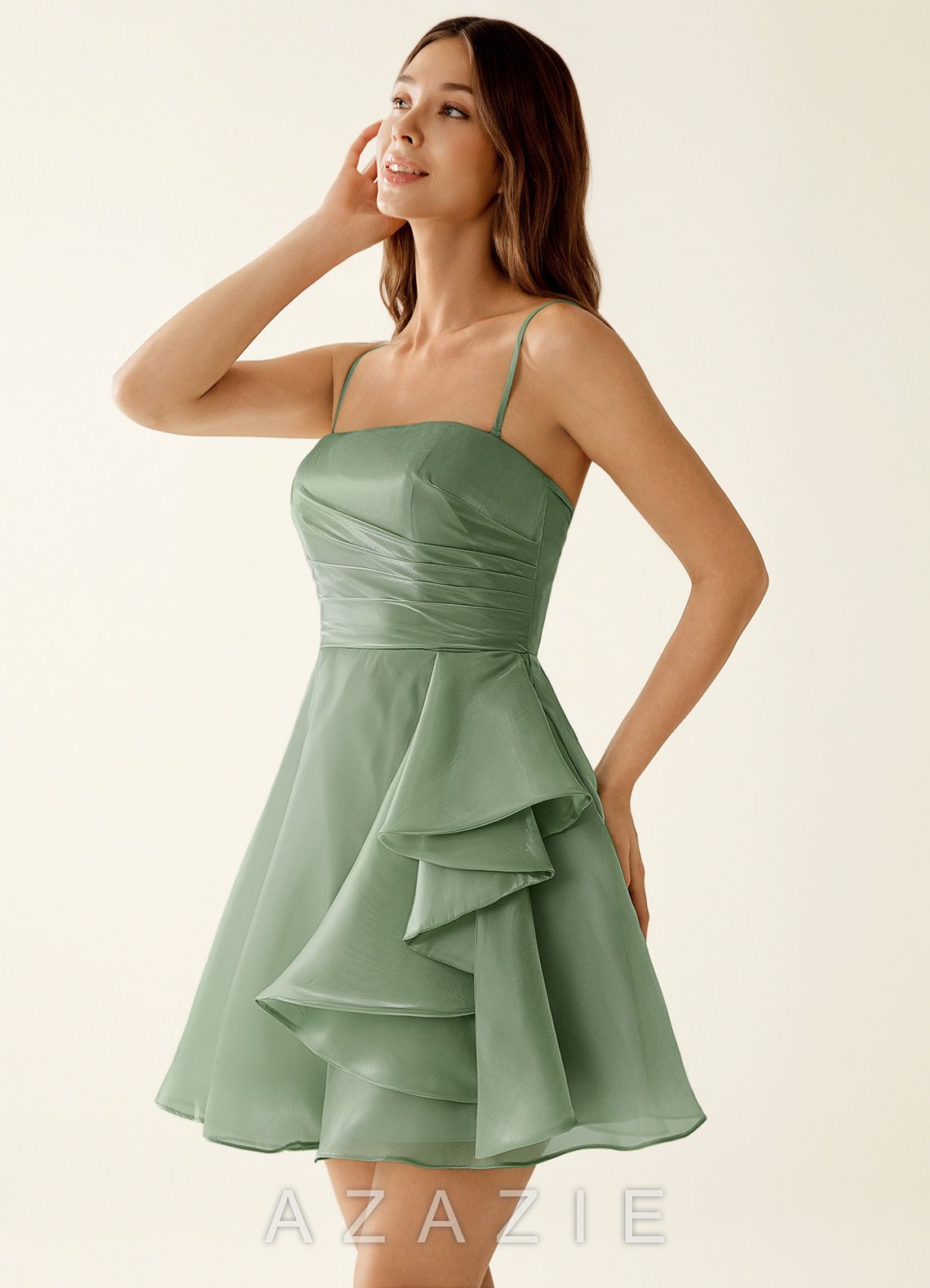 Nadine Sage Satin Faced Chiffon Ruffled Mini Dress