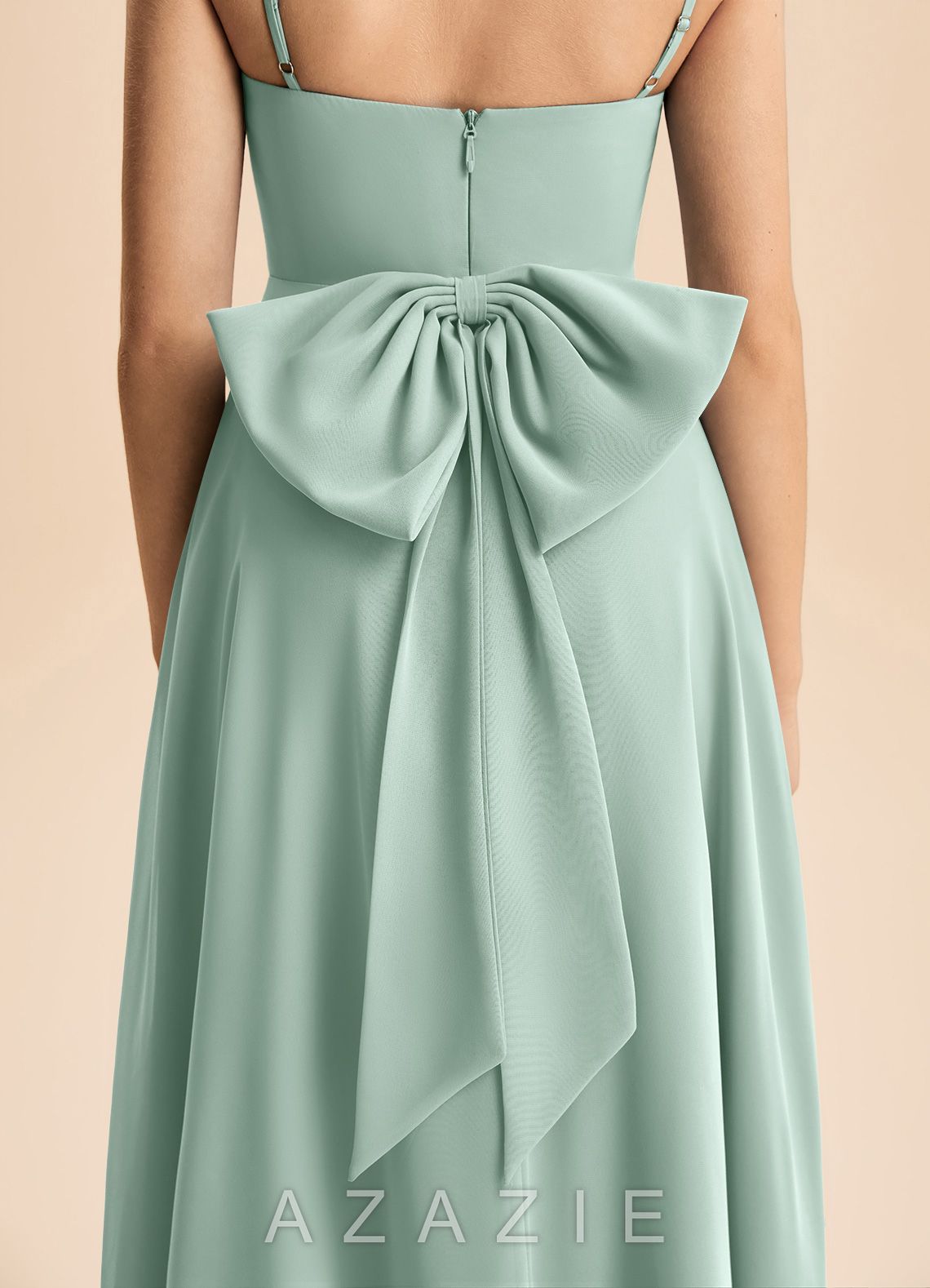 Azazie Bear Junior Agave A-Line Pleated Chiffon Dress agave