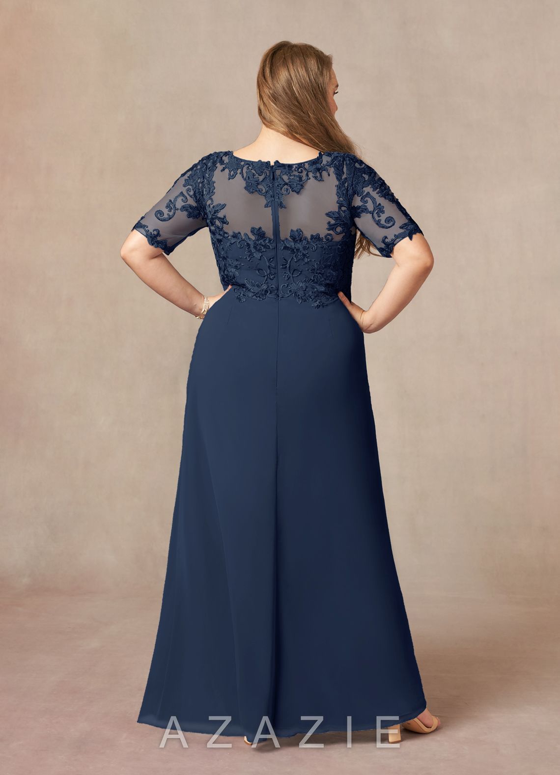 Azazie Amedeus Dark Navy A-Line V-Neck Lace Chiffon Dress dark_navy