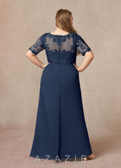 Azazie Amedeus Dark Navy A-Line V-Neck Lace Chiffon Dress dark_navy