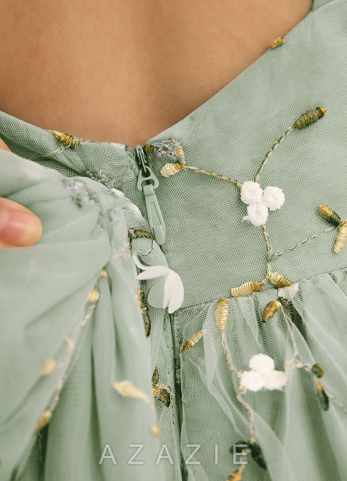 Azazie Bean Dusty Sage Ball-Gown Sleeveless Tulle Dress