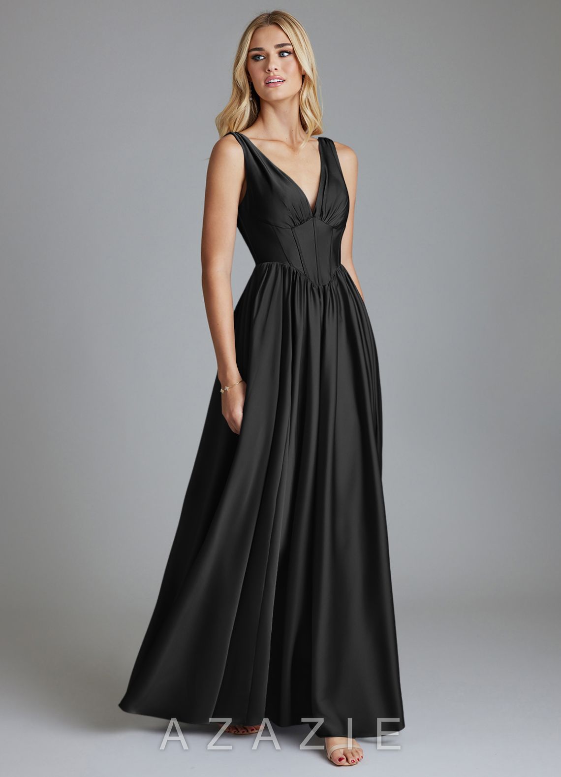 Azazie Delmie Black A-Line Corset Stretch Satin Dress black