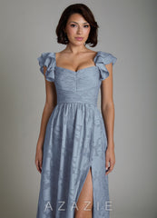 Azazie Anaya Dusty Blue A-Line Ruched Floral Burnout Dress dusty_blue