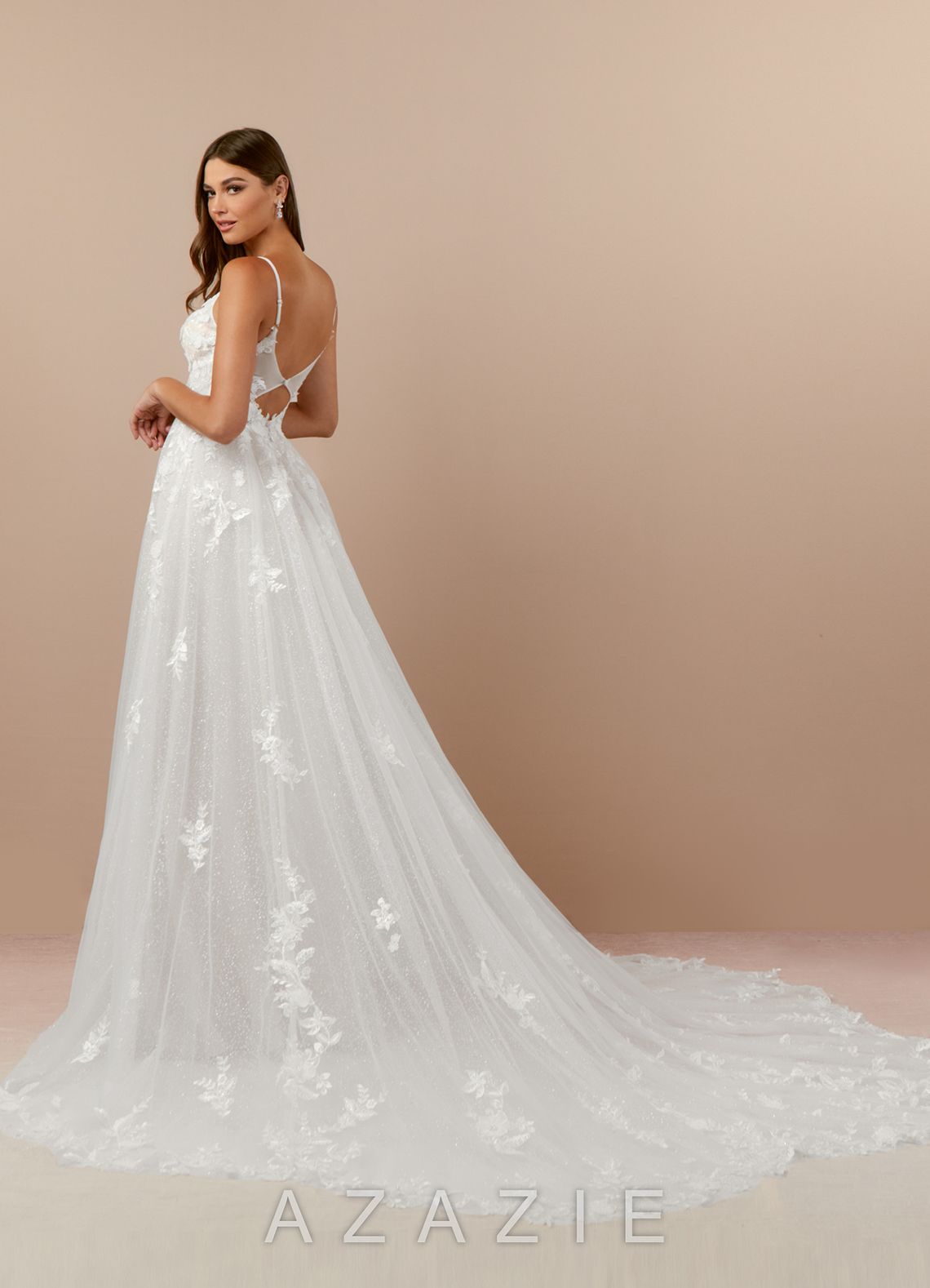 Azazie Arabelle Wedding Dress Diamond White A-Line V-Neck Lace Tulle Dress diamond_white